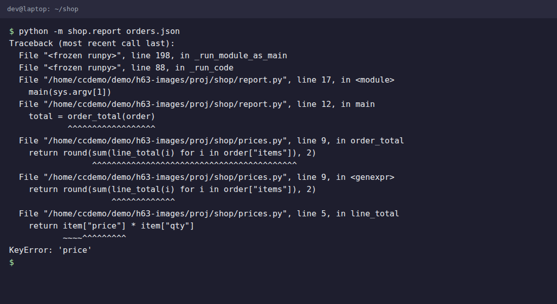 终端里的报错截图:python -m shop.report orders.json 抛出 KeyError: ‘price’,调用栈从 report.py 第 12 行到 prices.py 第 5 行