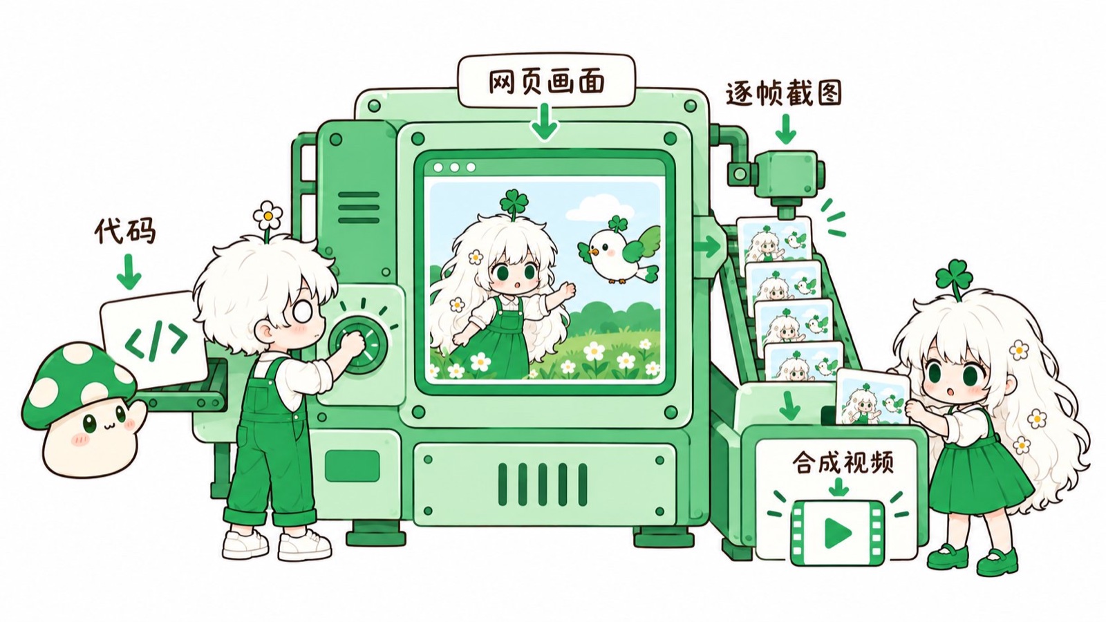 一台机器的示意图：代码变成网页画面，逐帧截图，再合成视频