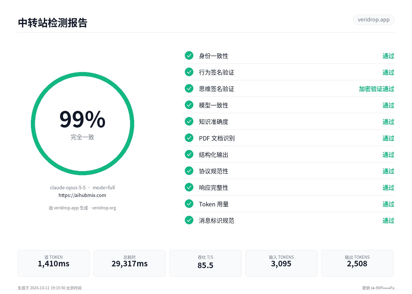 aihubmix.com 最近一次检测报告:claude-opus-5-5,98.6 分