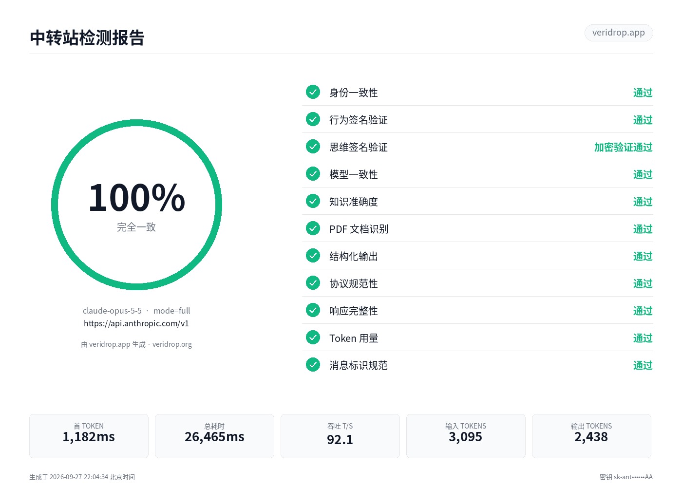 api.anthropic.com 最近一次检测报告：claude-opus-5-5，100 分